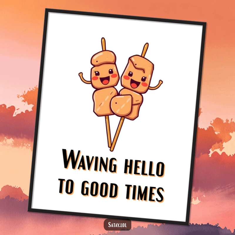 Funny Free Printable Wall Art: Satay skewers extending a cheerful wave with their meat pieces, radiating friendliness.