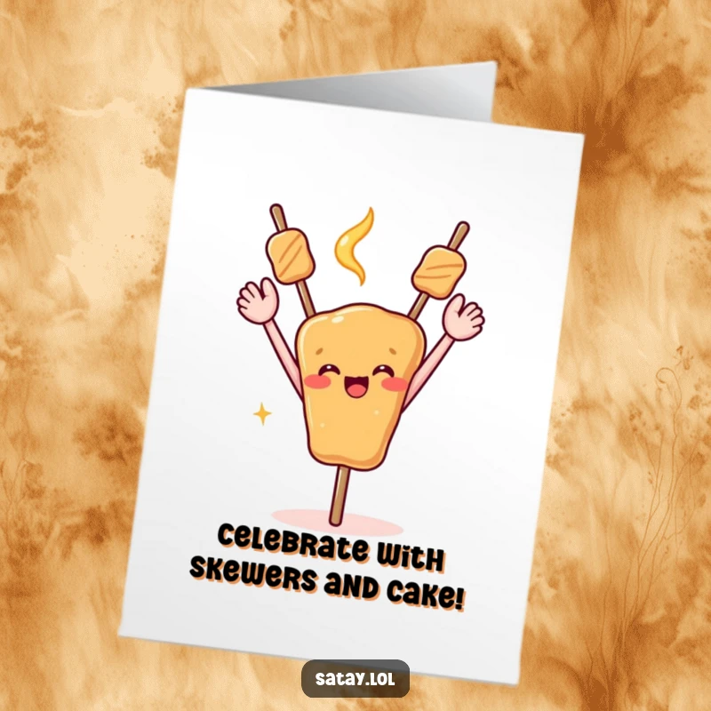 Funny Free Printable Birthday Card: A satay skewer with arms raised in celebration, a fun downloadable gift.