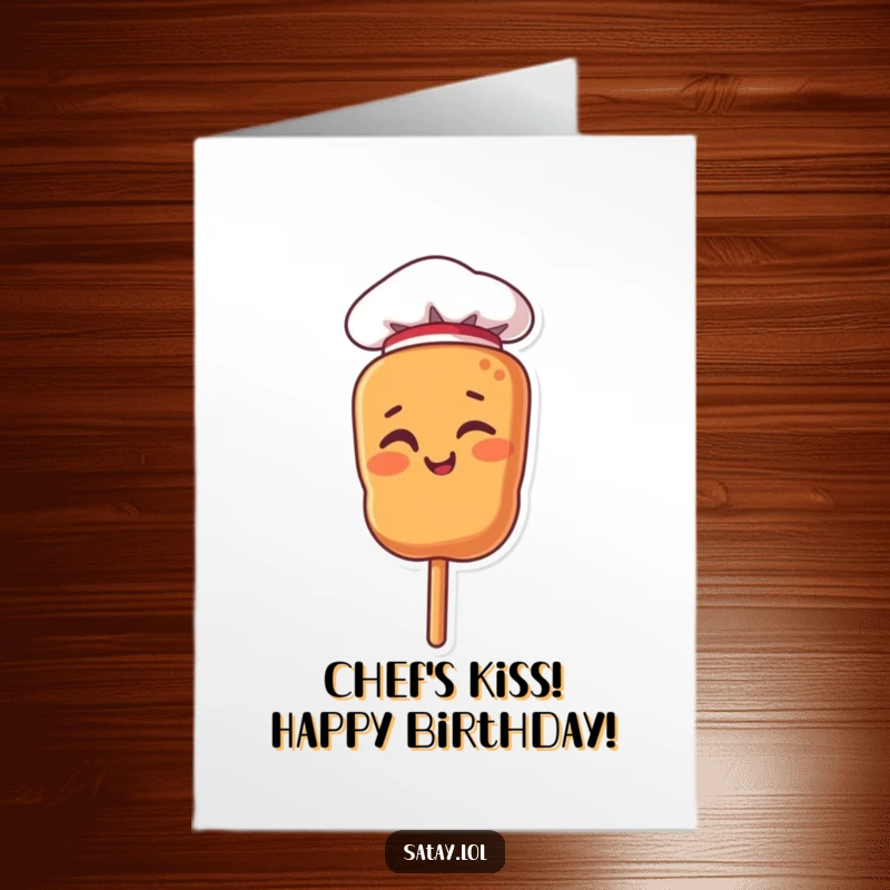 Funny Free Printable Birthday Card featuring a satay skewer character in a tiny chef hat, winking playfully to deliver birthday wishes.