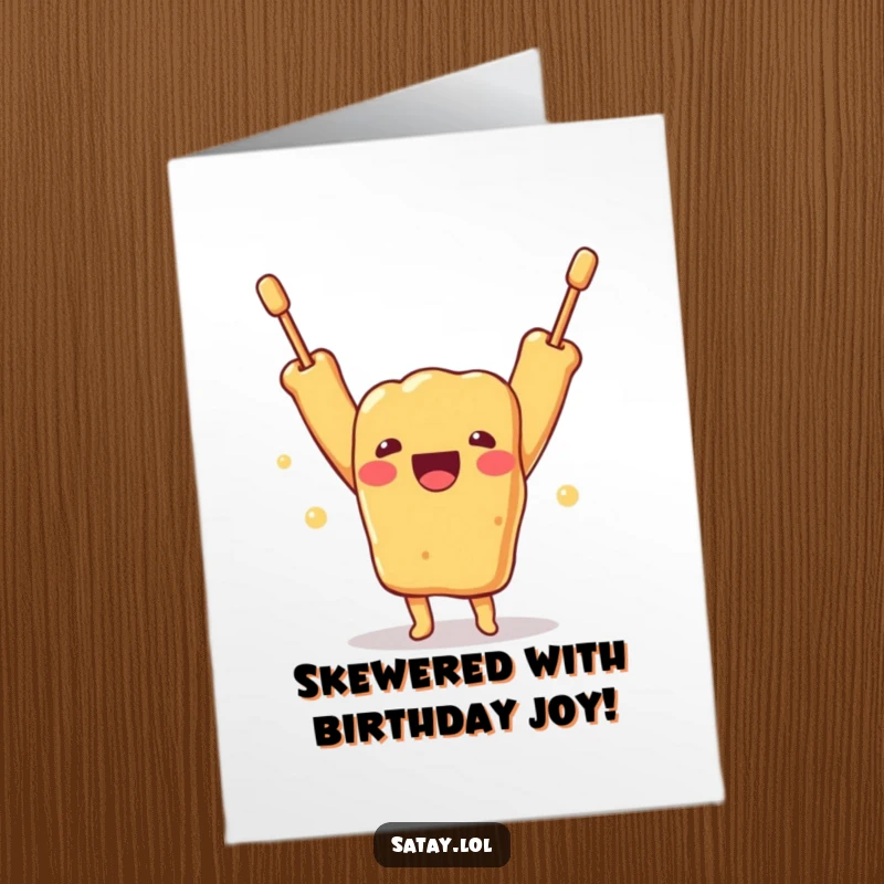 Funny Free Printable Birthday Card featuring a delighted satay skewer character arms raised in joyous celebration.