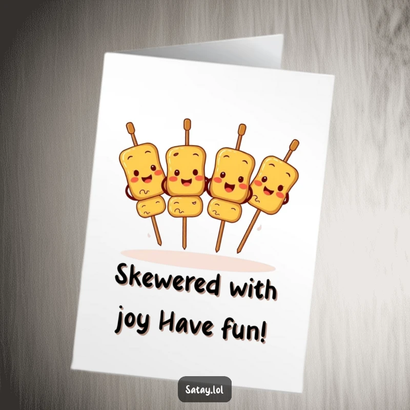 Funny Free Printable Birthday Card: Satay skewers doing a synchronized jig with happy faces, celebrating joyfully.