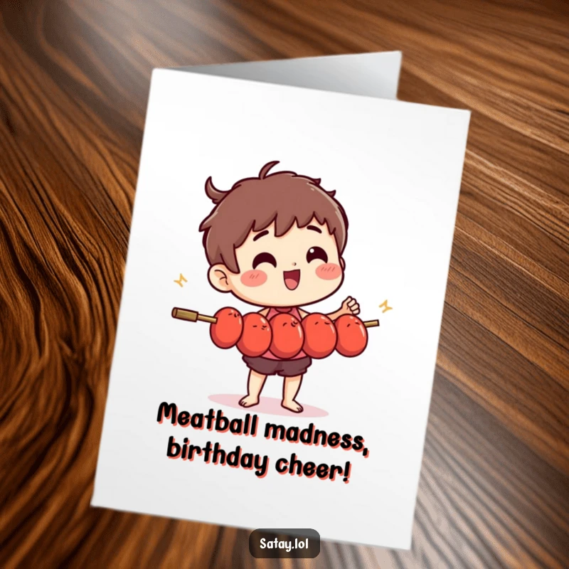 Funny Free Printable Birthday Card: Satay skewer character expertly juggling tiny, wiggling meatballs with a joyful expression.