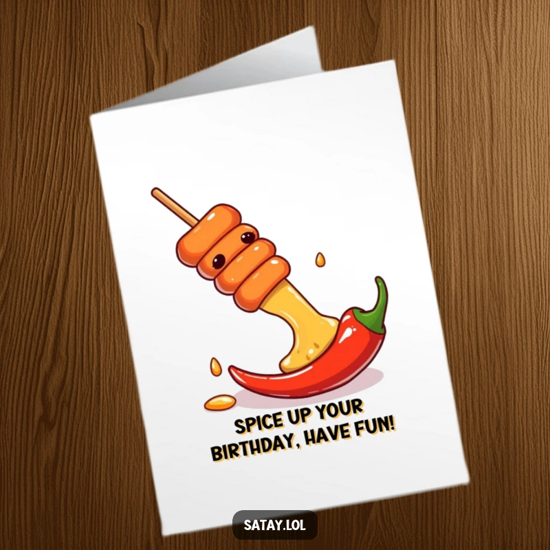Funny Free Printable Birthday Card: A satay skewer gleefully slides down a vibrant red chili pepper like a playground slide.