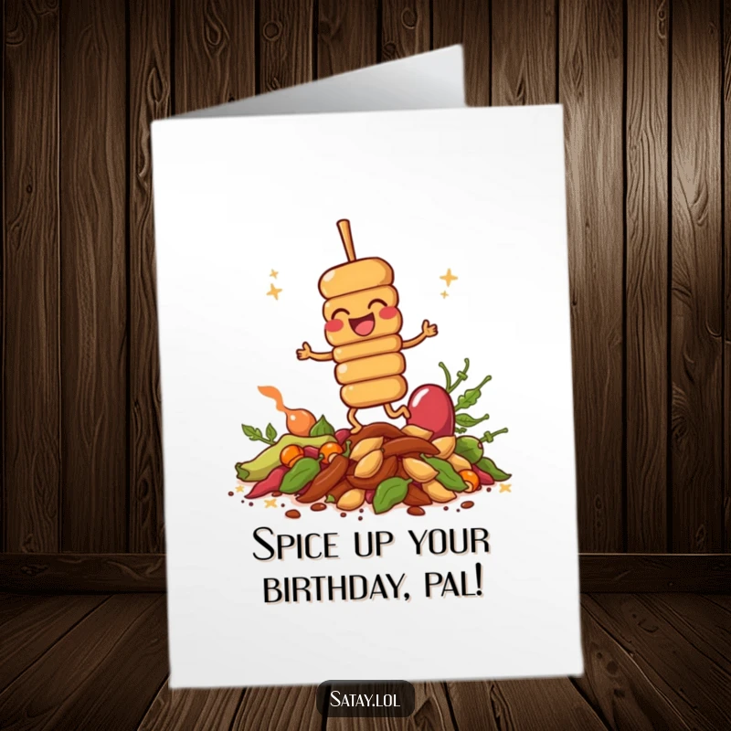 Funny Free Printable Birthday Card: A giggling satay skewer joyfully hops on a vibrant pile of spices, radiating pure fun.
