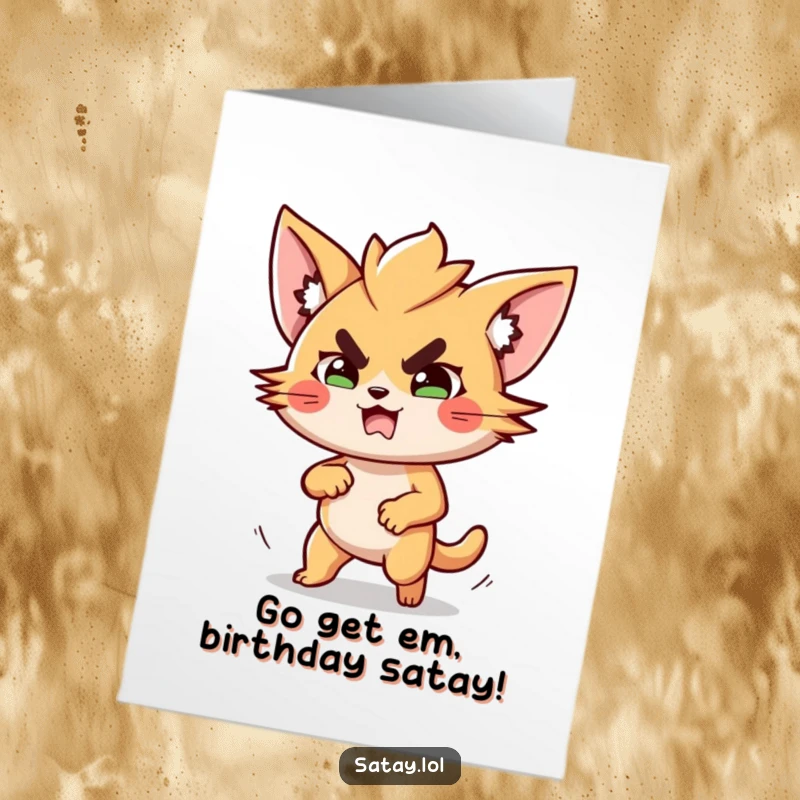 Funny free printable birthday card featuring a determined satay skewer making a speedy dash, ready to celebrate.