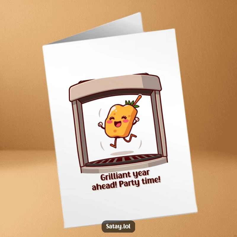 Funny Free Printable Birthday Card: A cheerful satay skewer hops gleefully across a hot grill, ready to party.