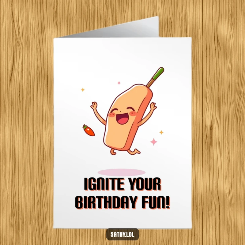 Funny Free Printable Birthday Card: A satay skewer leaps with excitement as a tiny chili pepper enthusiastically waves hello.