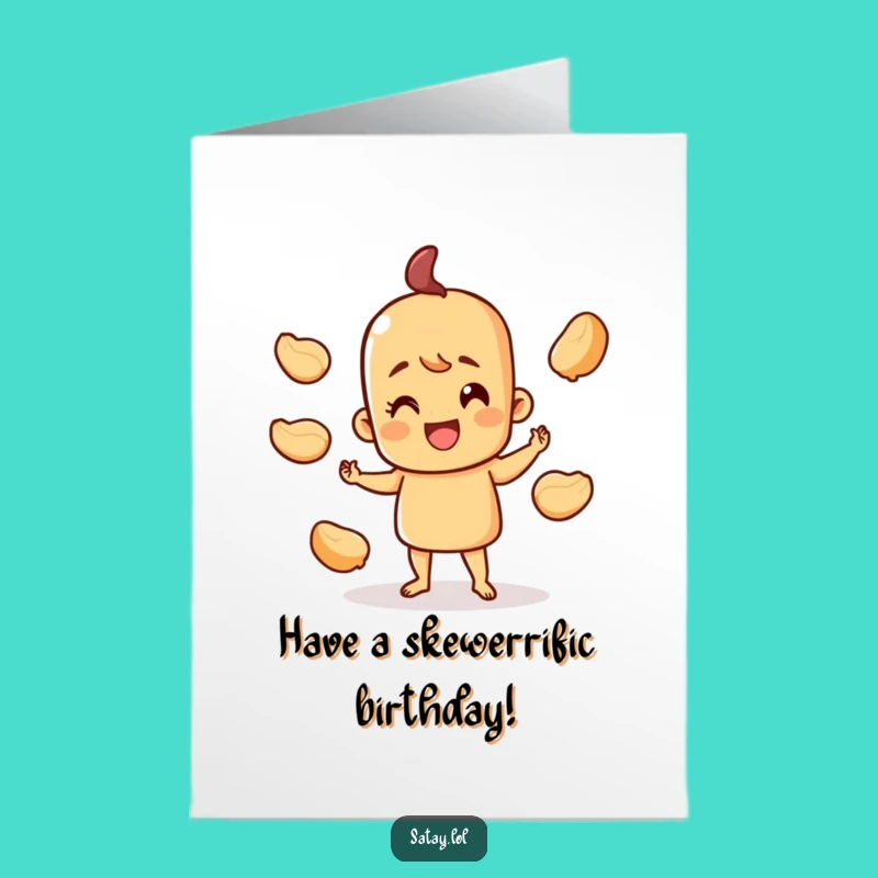 Free Printable Satay Birthday Card: Juggling Skewer, Funny Playful Downloadable Gift