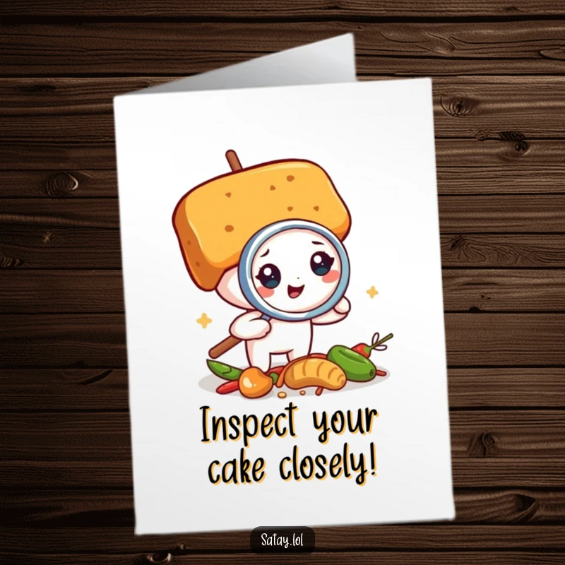 Funny Free Printable Birthday Card: A satay skewer uses a tiny magnifying glass to intently inspect a pile of spices.