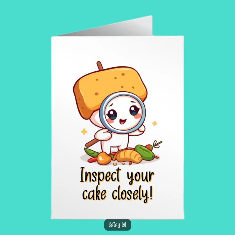 Free Printable Birthday Card: Curious Satay Skewer Inspecting Spices - Downloadable Funny Gift