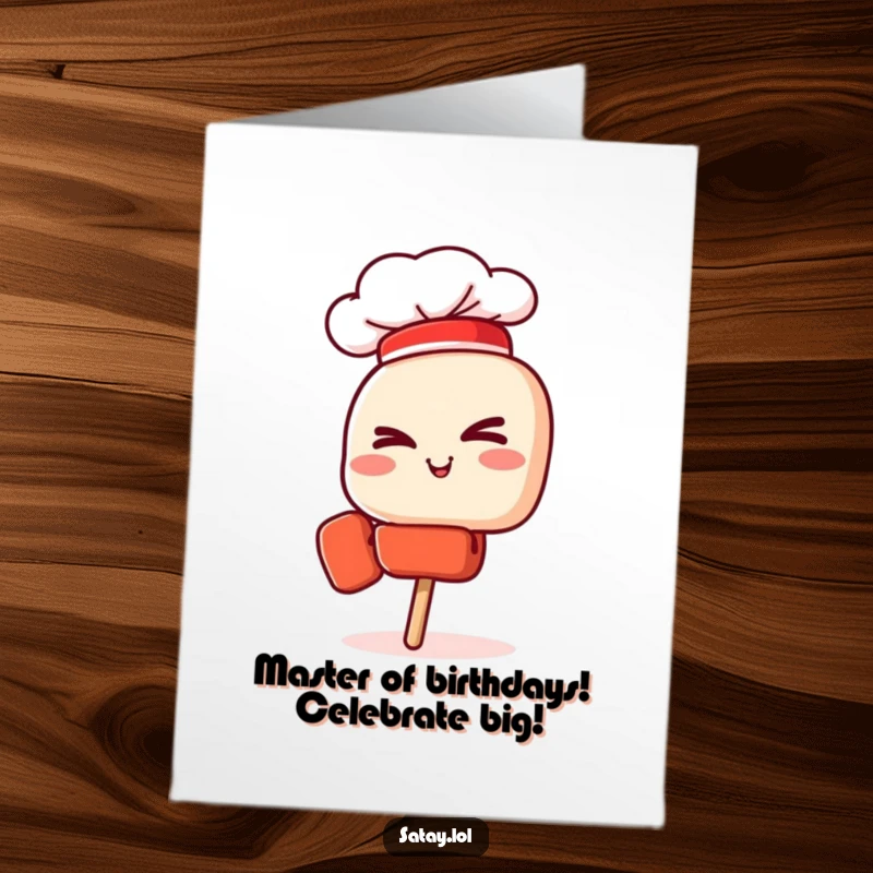 Funny Free Printable Birthday Card: A satay skewer wearing a tiny chef hat gives a charismatic wink, ready for celebration.