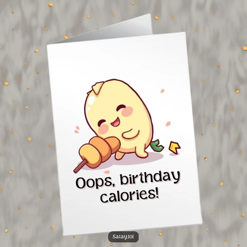Funny Free Printable Birthday Card showing a satay skewer character tripping comically over its own stick, perfect for a laugh on their birthday.