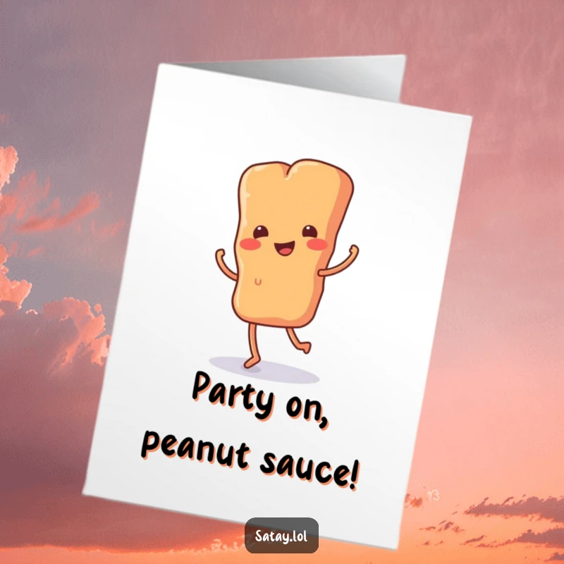 Funny Free Printable Birthday Card: A skewer of satay, brought to life with tiny legs, doing an enthusiastic happy jig.