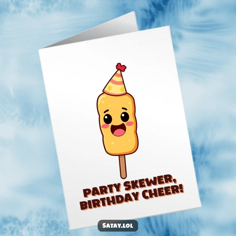 Funny Free Printable Birthday Card: An excited satay skewer in a party hat, a fun downloadable gift.