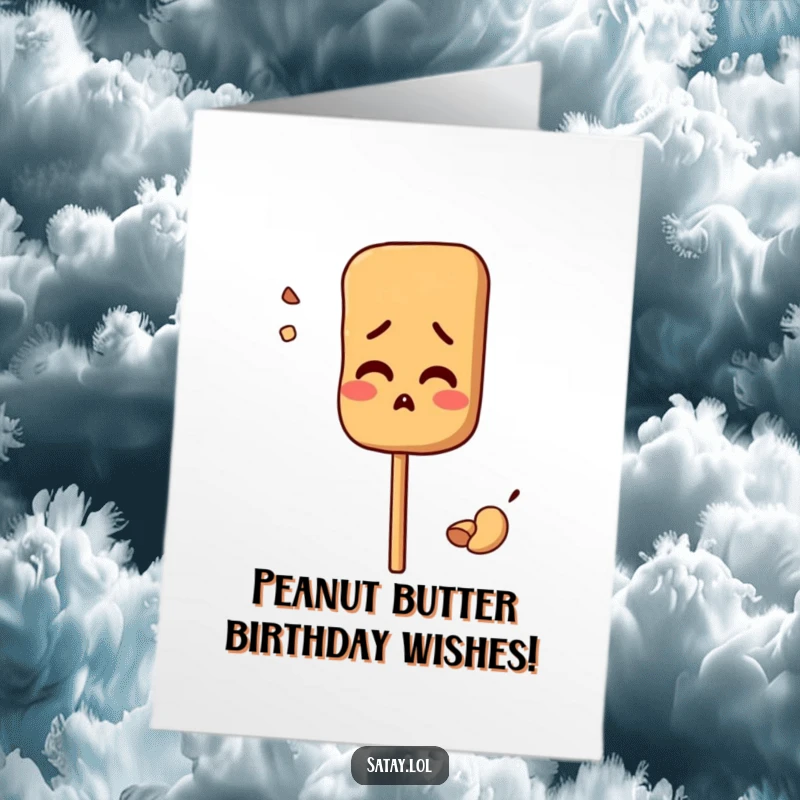 Funny Free Printable Birthday Card: A satay skewer character looks comically confused, a single peanut stuck to its side.