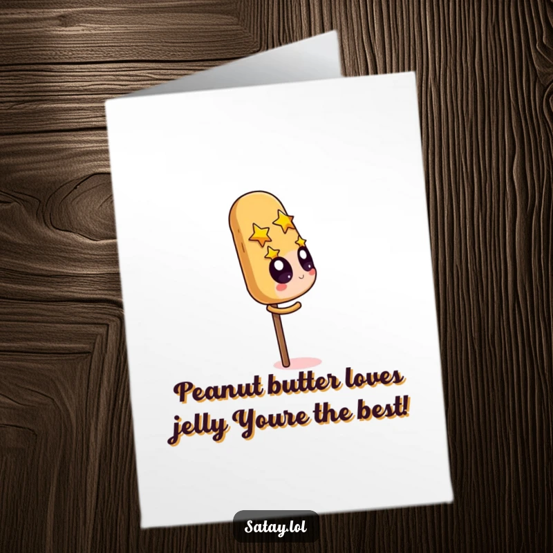 Funny Free Printable Birthday Card: Satay skewer character with starry eyes, captivated by a giant peanut.