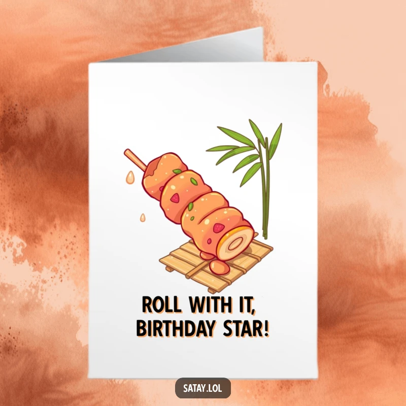 Funny Free Printable Birthday Card: Satay skewer gleefully somersaults down a bamboo mat, bringing birthday cheer.