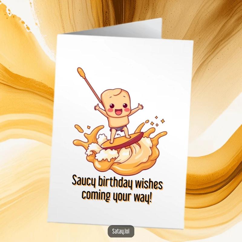 Funny Free Printable Birthday Card featuring a satay skewer character joyfully surfing on a big wave of peanut sauce.