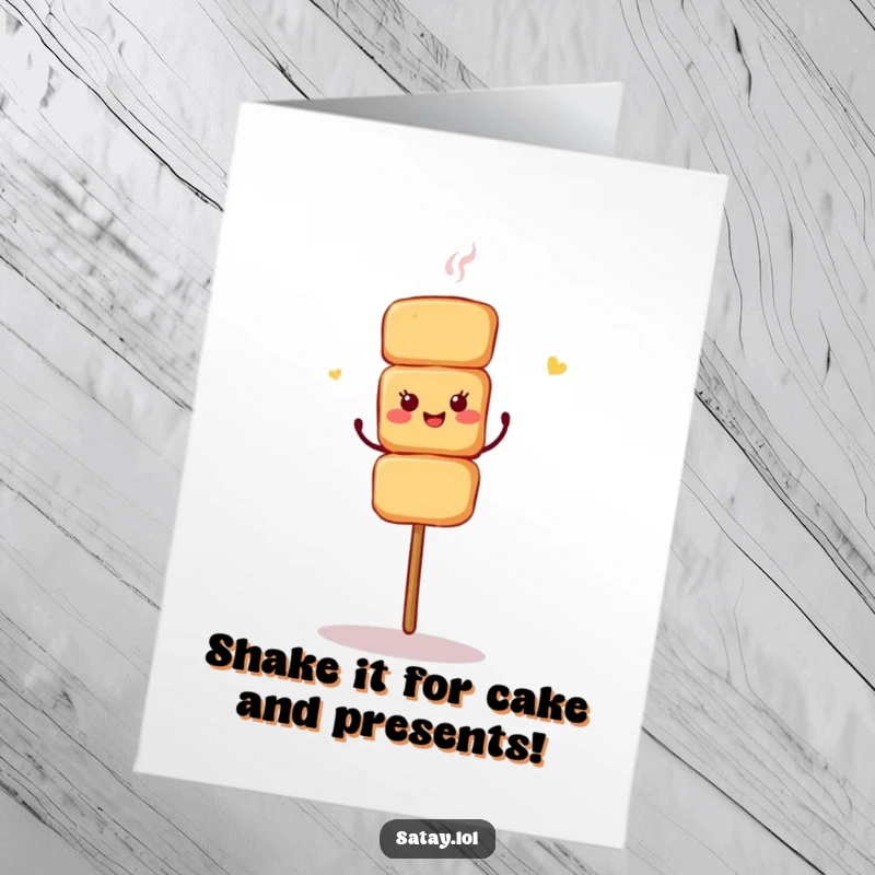 Funny Free Printable Birthday Card: A satay skewer doing a joyful shimmy dance, a fun downloadable gift.