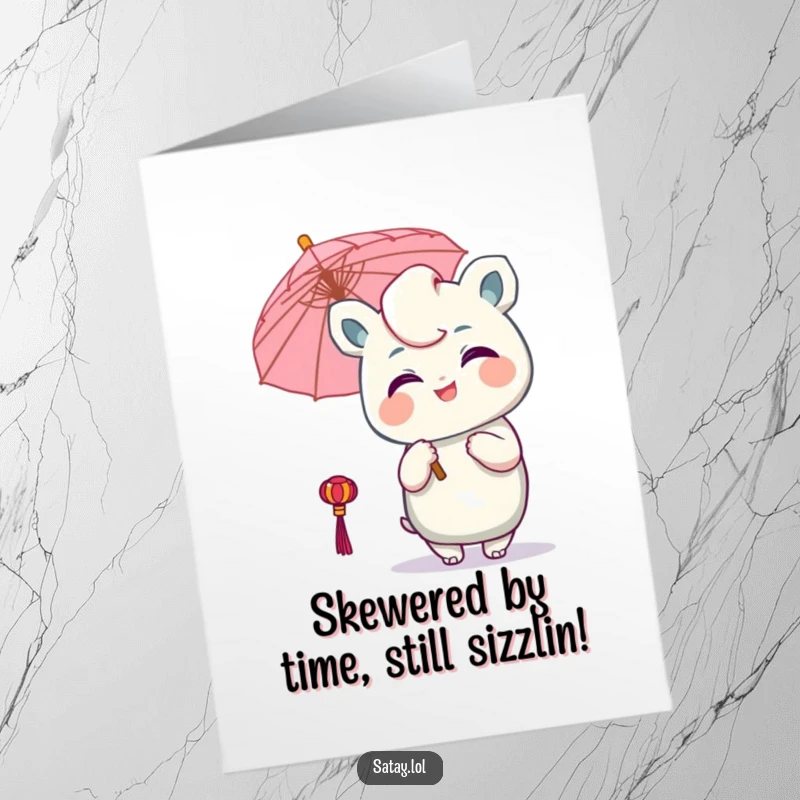 Funny Free Printable Birthday Card: Winking satay character with a tiny umbrella, ready for a playful celebration.