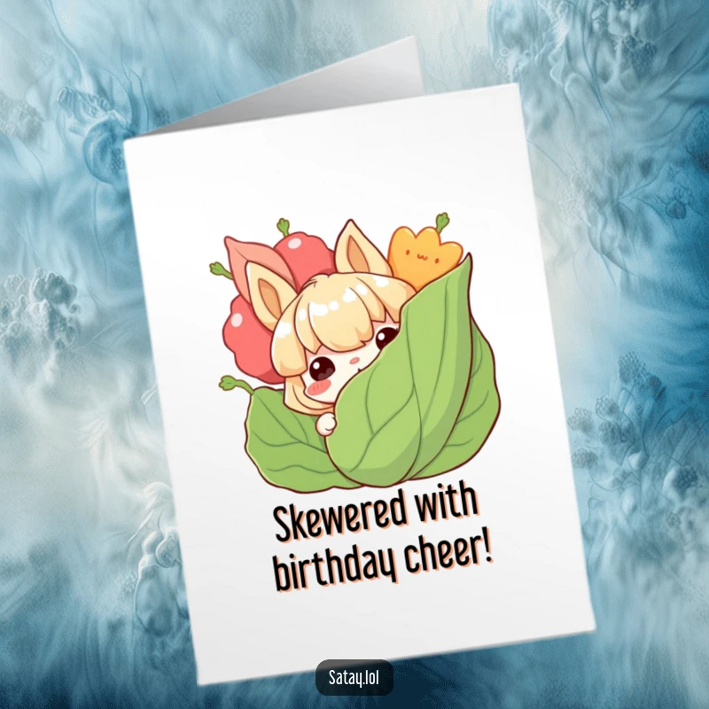 Funny Free Printable Birthday Card: A satay character peeking from behind a leafy garnish with a grin, ready to party.
