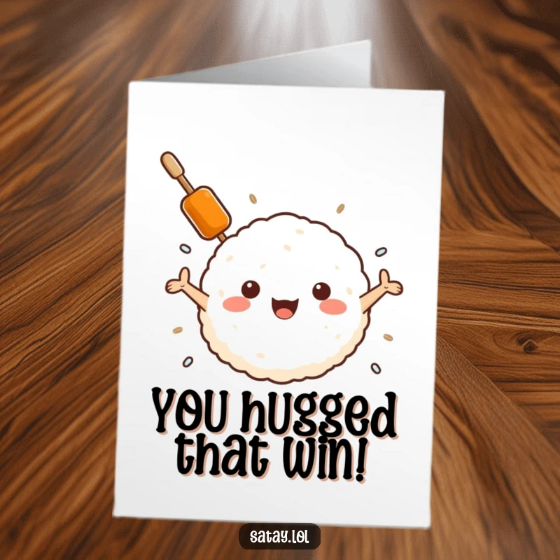 Funny Free Printable Congrats Card: A satay skewer with arms wide open hugs a fluffy rice ball, celebrating their achievement with warmth.