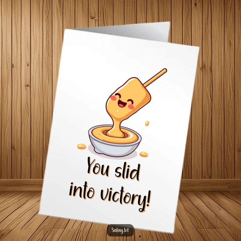 Funny Free Printable Congrats Card: A happy satay skewer slides effortlessly down peanut sauce, bringing smooth congratulations.