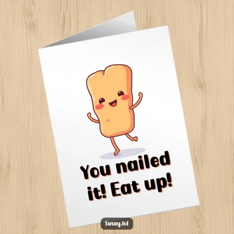 Funny Free Printable Congratulations Card: A skewer of delicious satay, sporting tiny legs, performing an ecstatic happy jig of celebration.