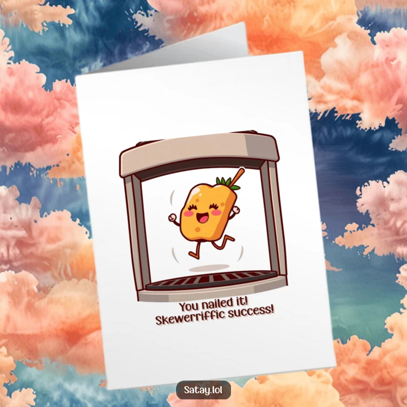 Funny Free Printable Congratulations Card: A jubilant satay skewer energetically hops across a grill, celebrating your success.