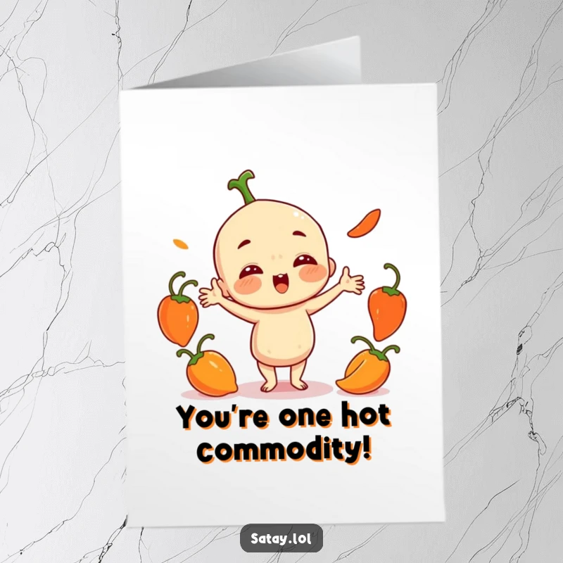 Funny Free Printable Congrats Card: Satay character playfully juggles three small, round chili peppers, celebrating a hot achievement.