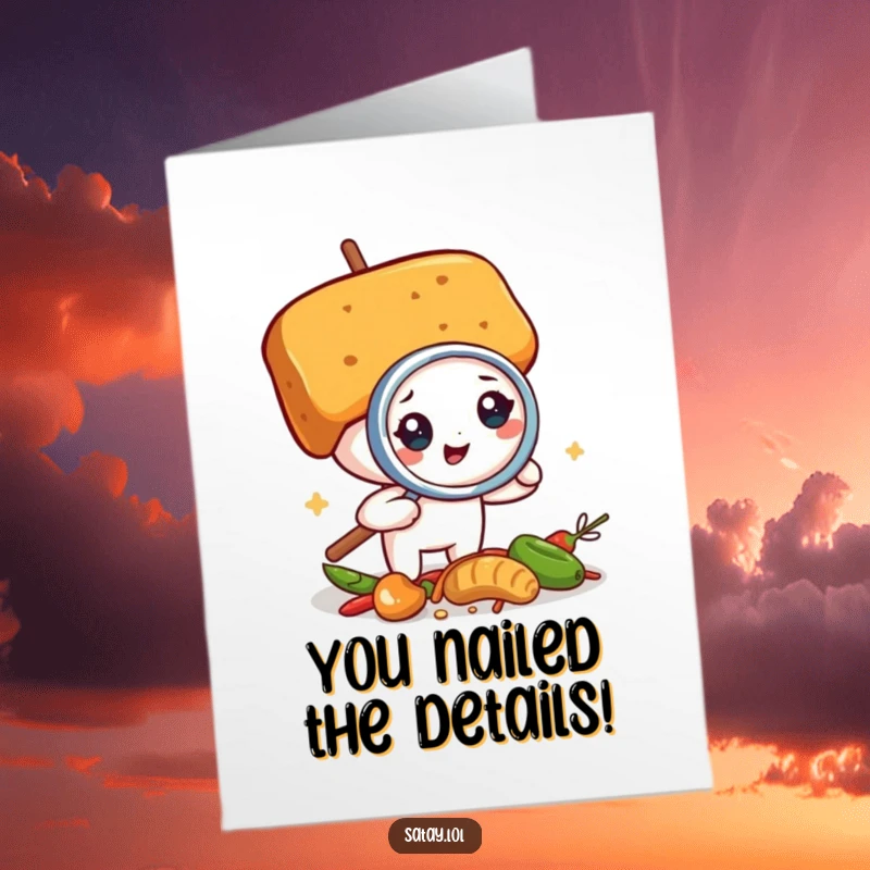 Funny Free Printable Congrats Card: A satay skewer with a magnifying glass curiously examines spices, celebrating achievement.