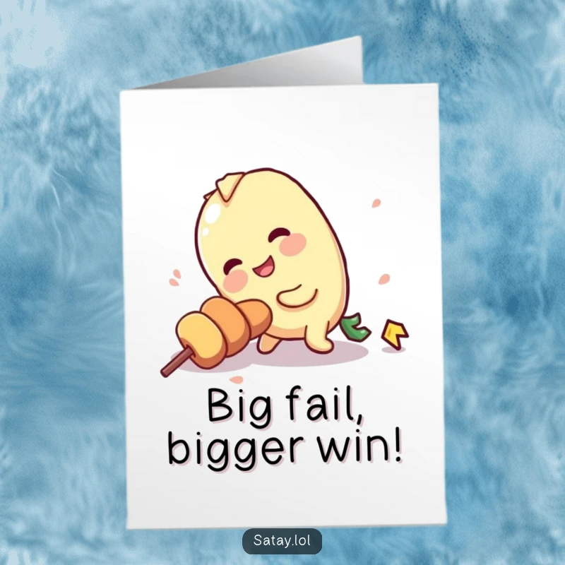 Funny Free Printable Congratulations Card featuring a satay skewer character stumbling over its stick, humorously acknowledging that life isn't always smooth sailing.