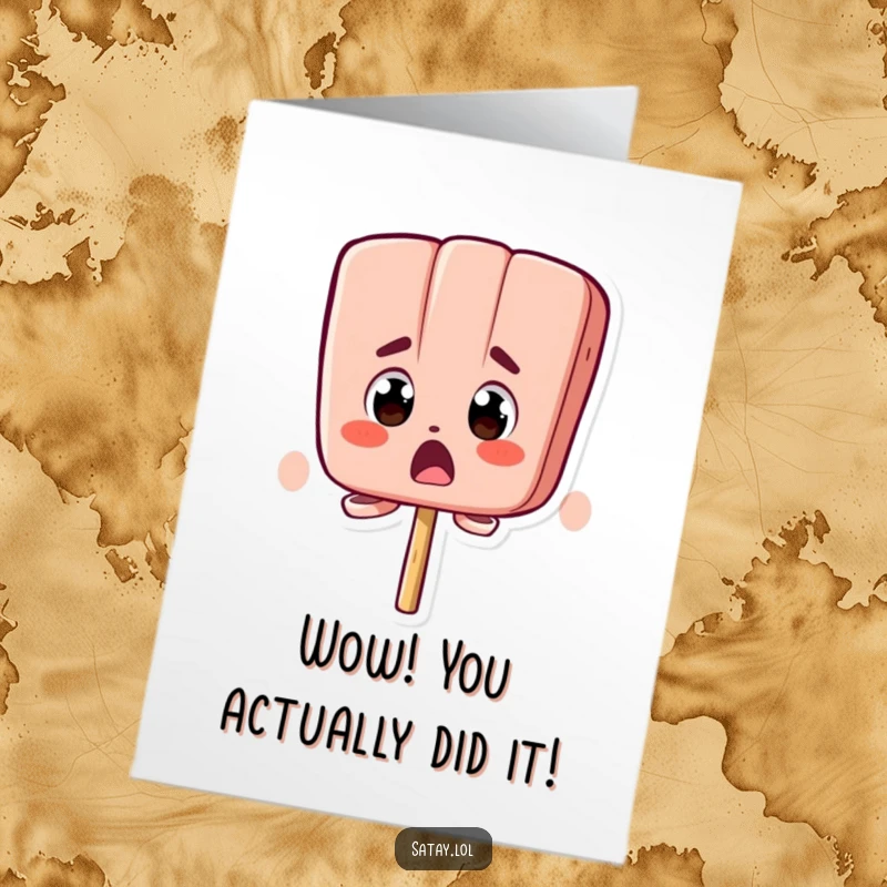 Funny Free Printable Congratulations Card featuring a satay skewer character with bugging eyes, expressing shock and amazement at great news.
