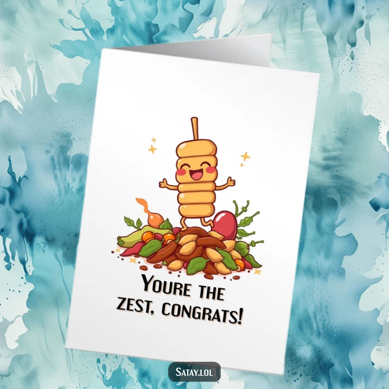 Funny Free Printable Congratulations Card: A happy satay skewer giggles profusely while hopping energetically on a bed of colorful spices.