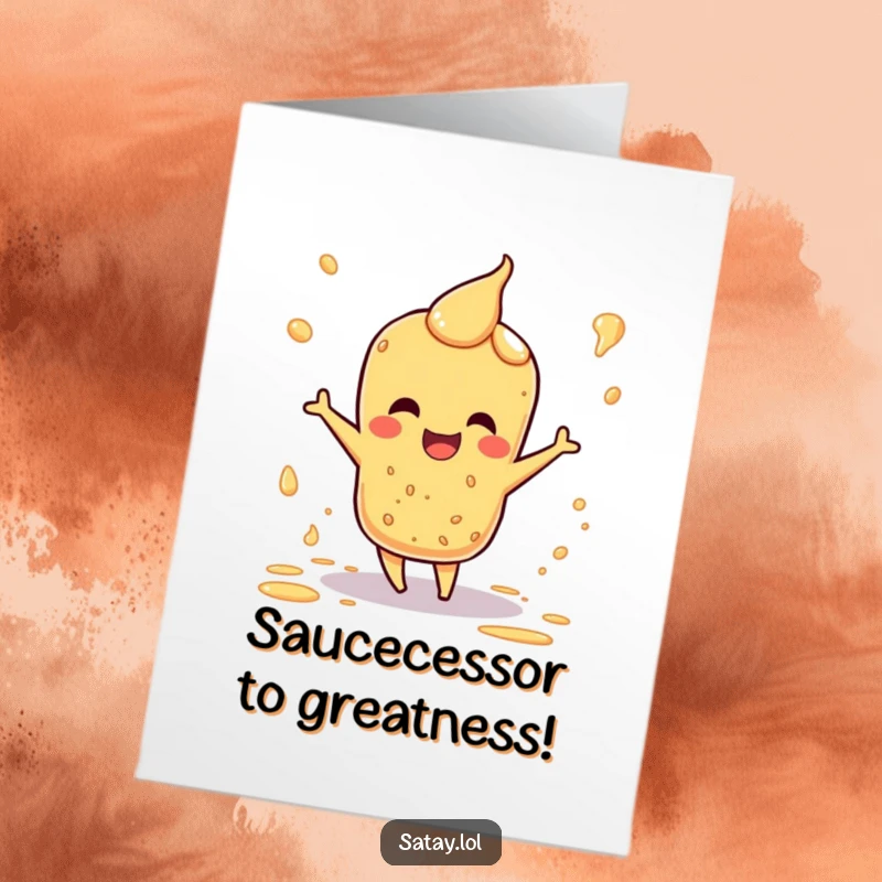 Funny Free Printable Satay Congratulations Card: A happy satay skewer in a dance pose, surrounded by sauce splatters, celebrating achievements.