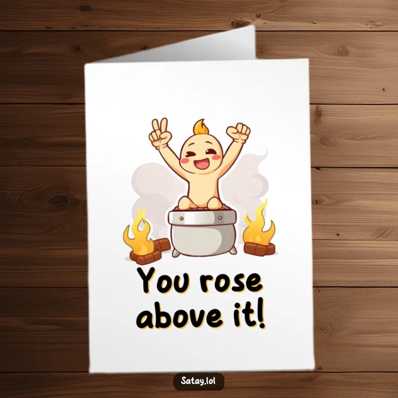 Funny Free Printable Satay Congratulations Card: A satay skewer in a triumphant pose on a smoky grill, celebrating a win.