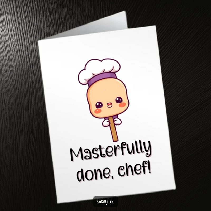 Funny Free Printable Congratulations Card showing a satay skewer character in a tiny chef hat, looking proud of a culinary accomplishment.