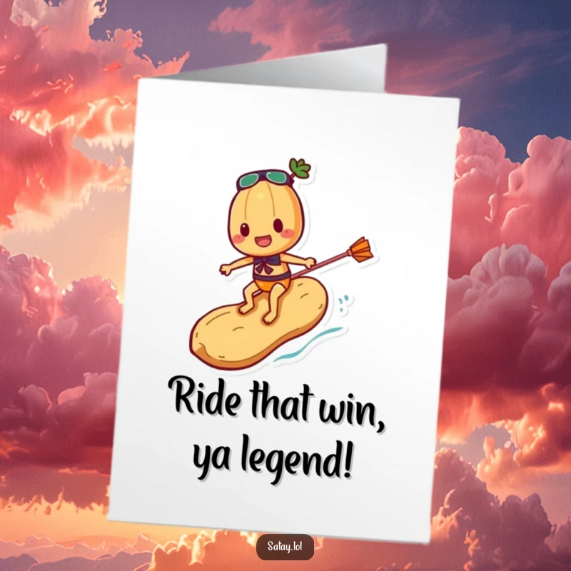 Funny Free Printable Congratulations Card: Satay skewer character masterfully surfing on a peanut.