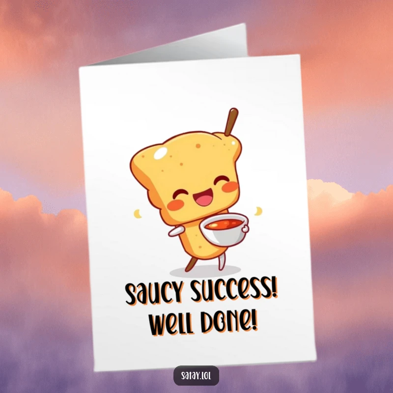 Funny Free Printable Congratulations Card: A happy satay skewer character wiggles excitedly, holding a sauce bowl in celebration.