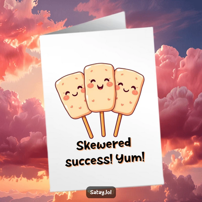 Free Printable Congratulations Card: A skewer of three cheerful satay pieces winks.