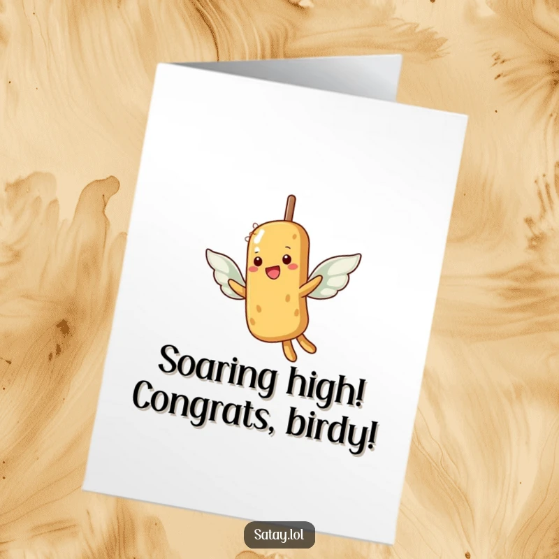 Funny Free Printable Congratulations Card: A satay skewer with small peanut wings attempts liftoff, celebrating your amazing achievement.