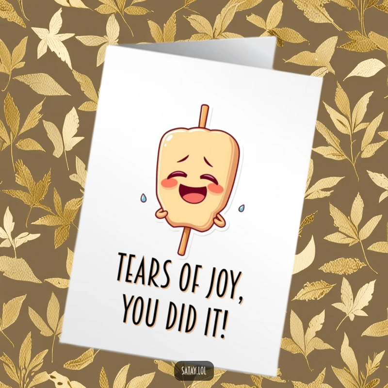 Funny Free Printable Congratulations Card: A satay skewer character giggles uncontrollably, a single happy tear falling as it celebrates.
