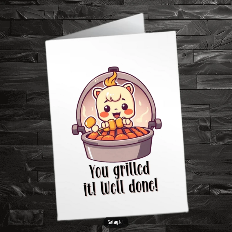 Free Printable Congratulations Card showing a satay skewer character peeking from behind a grill, celebrating a hot success.