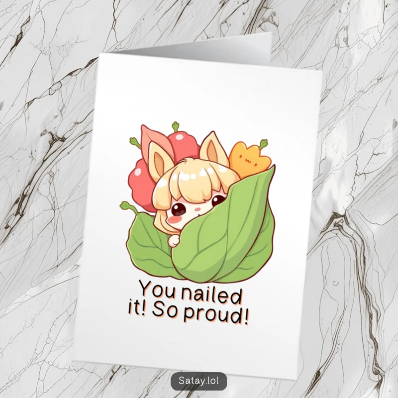 Funny Free Printable Congratulations Card: A satay character peeking from behind a leafy garnish with a grin, celebrating your success.