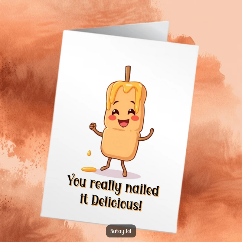 Funny Free Printable Congratulations Card: Smiling satay skewer doing a jig, peanut sauce drizzling, celebrating success.