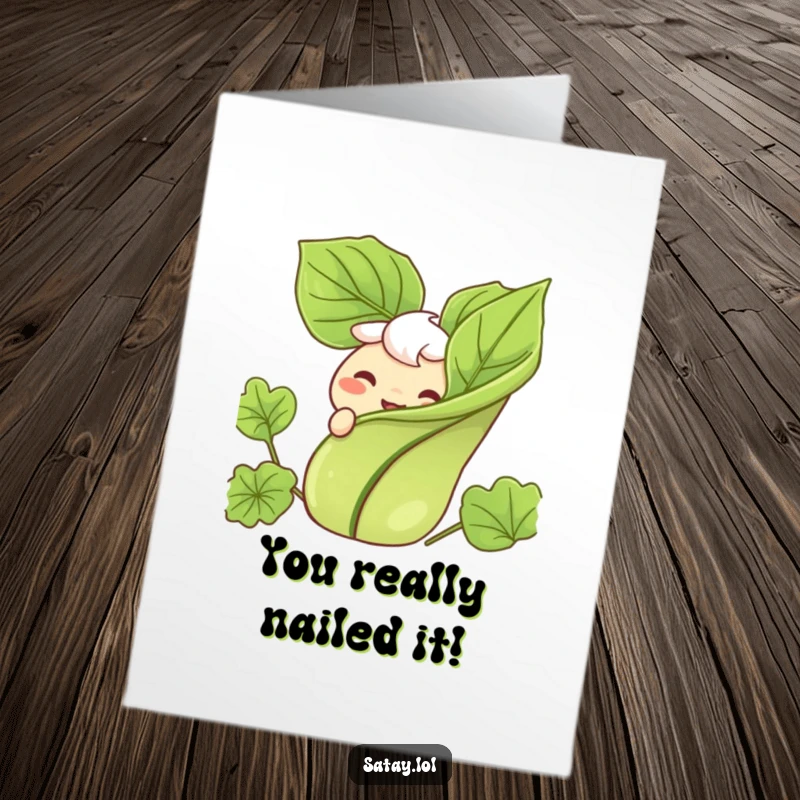 Funny Free Printable Satay Congratulations Card: A grinning satay skewer peeking out from behind a garnish, celebrating a win.