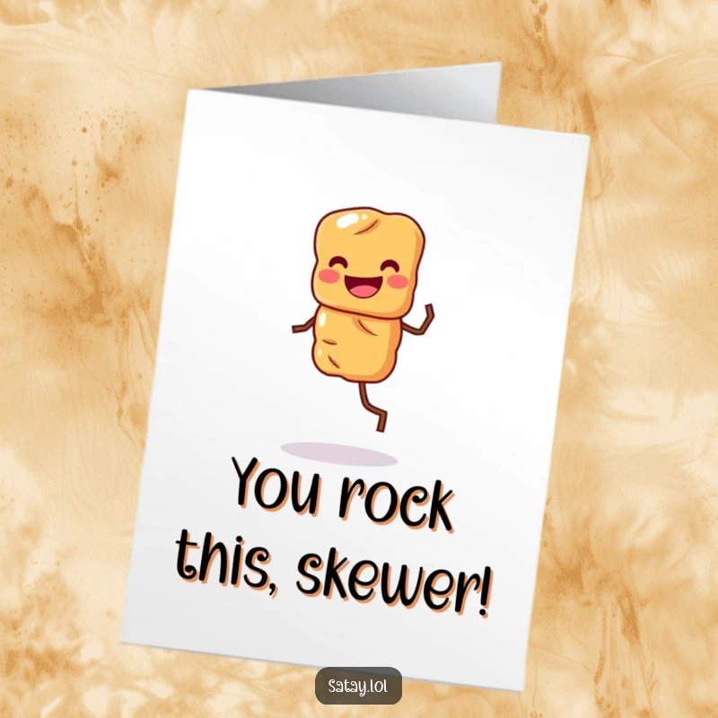 Funny Free Printable Congratulations Card featuring a grinning satay skewer with legs doing a celebratory jig, perfect for announcing good news.