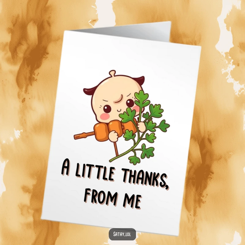 Funny Free Printable Thank You Card: A satay skewer character hiding and peeking from behind parsley.