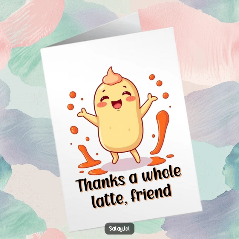Funny Free Printable Thank You Card: A happy satay character dancing with sauce splatters, sending joyful thanks.