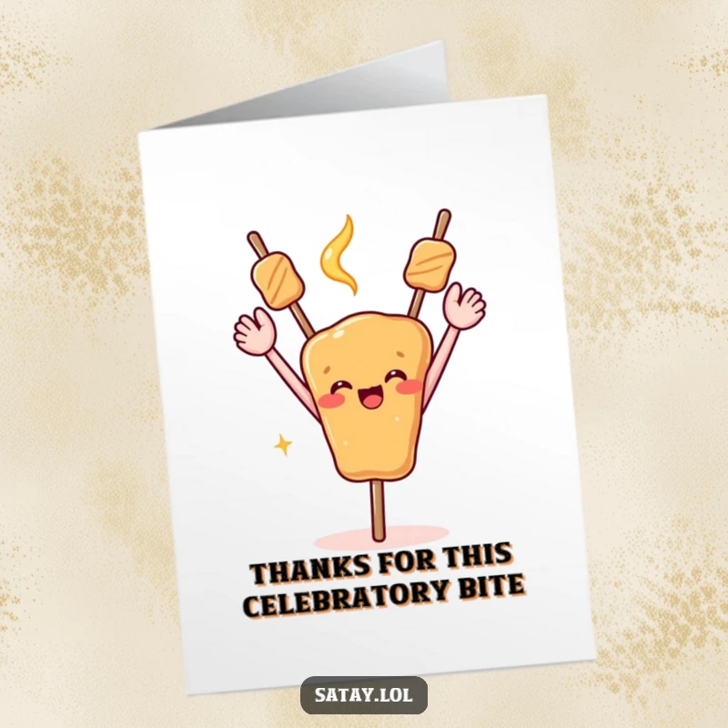 Funny Free Printable Thank You Card: A satay skewer with arms up celebrating, a fun downloadable gift.